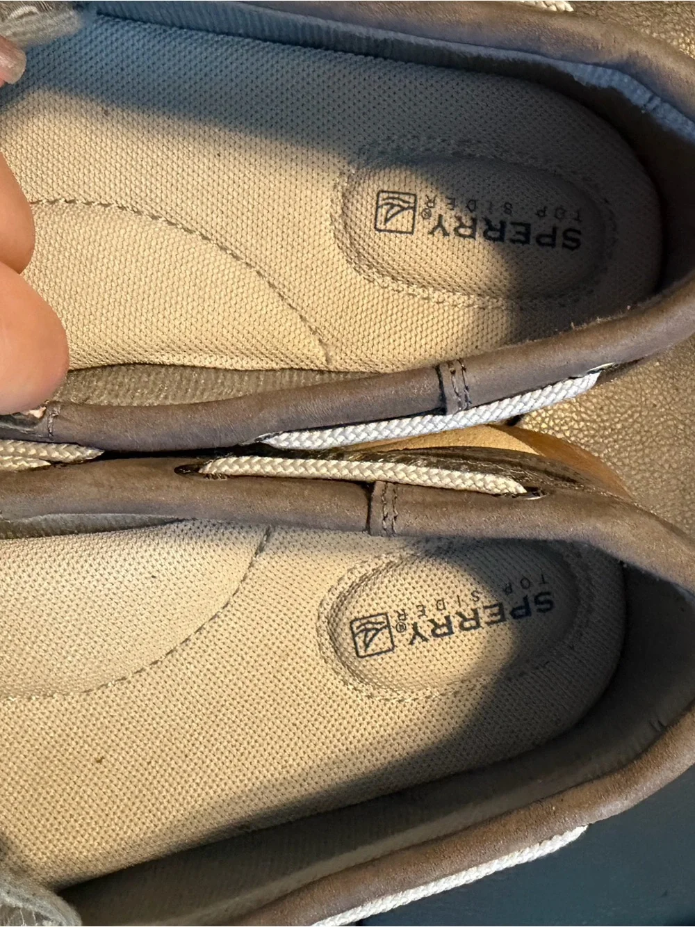 Sperry Taupe Leather Boat Shoes with White Laces